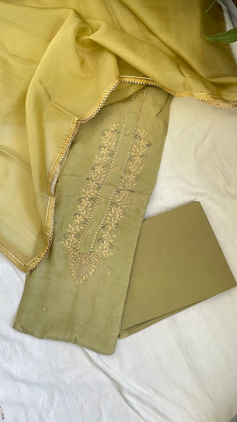 Sage Green Muslin Silk Suit Dupatta Set with Gotapatti Work