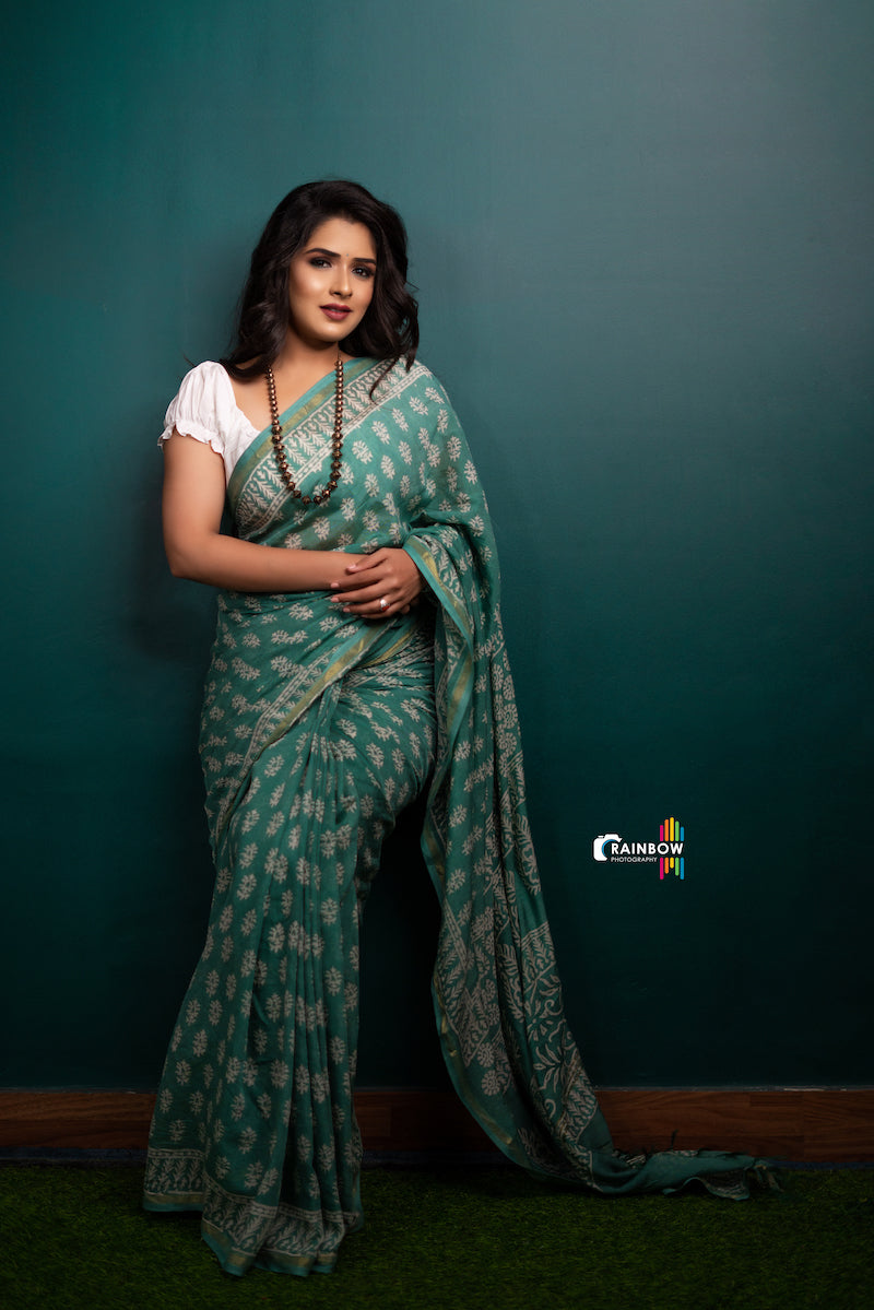 Turquoise Chanderi Cotton Silk Saree