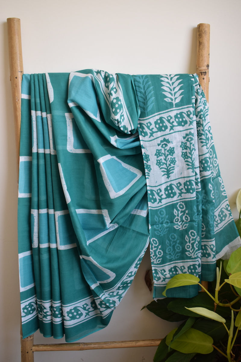 Turquoise Bagru Printed Mul Cotton Saree