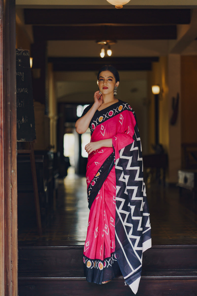 Candy Pink Bagru Printed Mul Cotton Saree