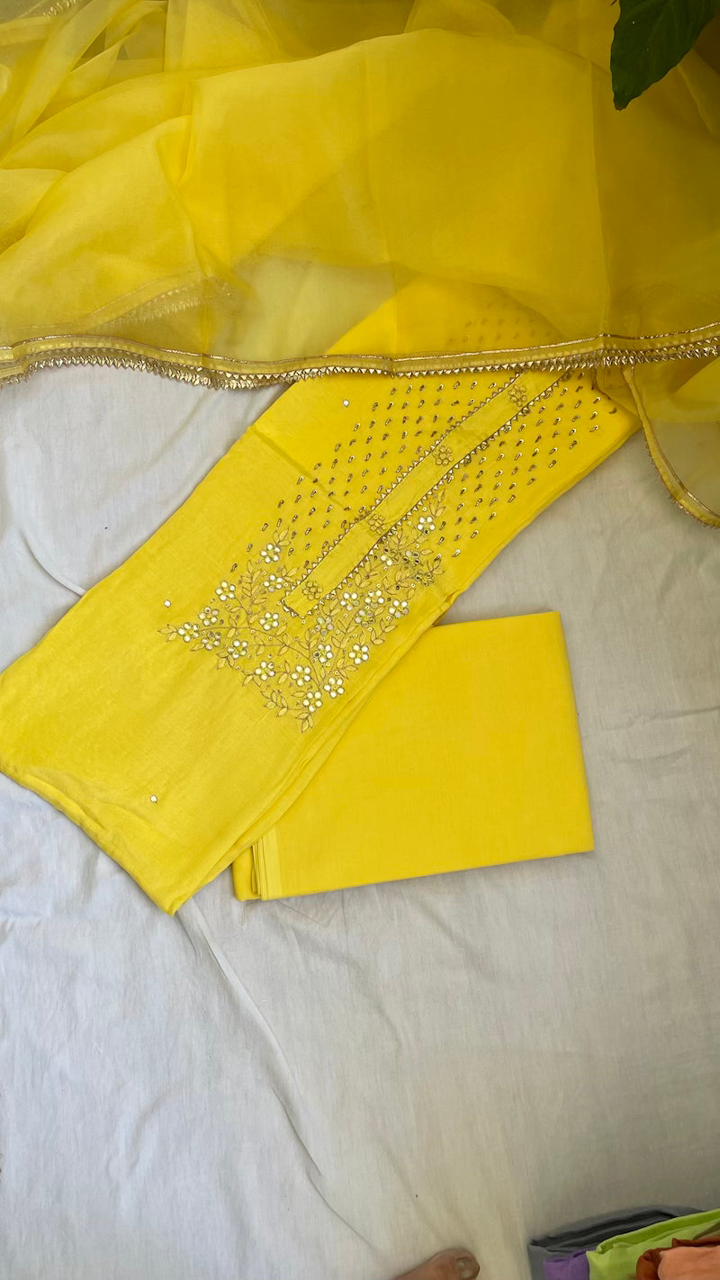 Yellow Muslin Silk Suit Dupatta Set with Gotapatti Work